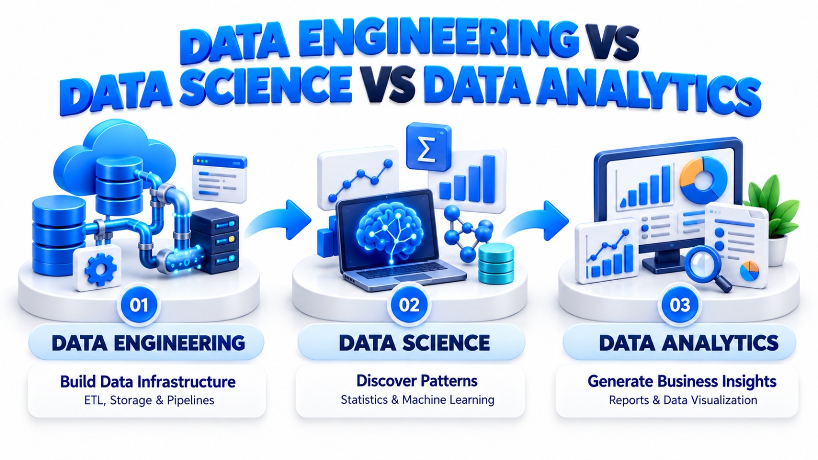 Comparison of data engineering, data science and data analytics responsibilities, tools and business functions.